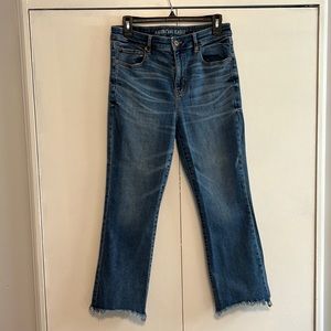 American Eagle AE high rise cropped flare jeans raw hem super stretch denim